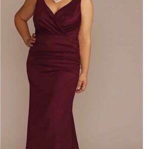 Galina Signature V-Neck Ruched Evening Gown in Deep Burgundy